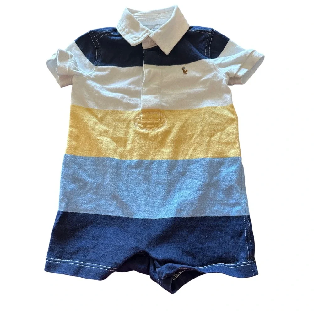 Ralph Lauren Baby Romper Rugby Stripe Polo Bear‎ Logo Shortall Size 6M 70